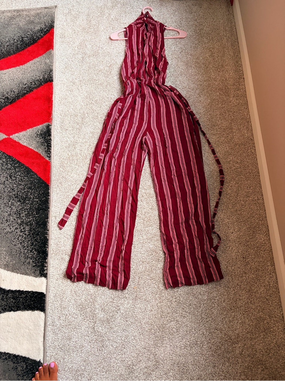 Kids Burgundy Striped Wide-Leg Jumpsuit